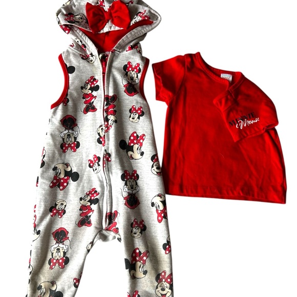 Disney Minnie Mouse Hooded Romper Gray and Red T-Shirt Set- size 12M - Picture 1 of 6